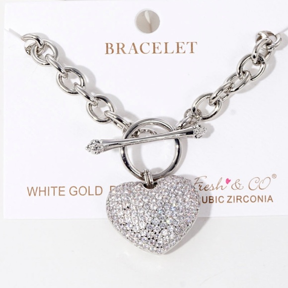 White Gold dipped Rhinestone Heart Toggle Clasp Bracelet - Picture 3 of 3